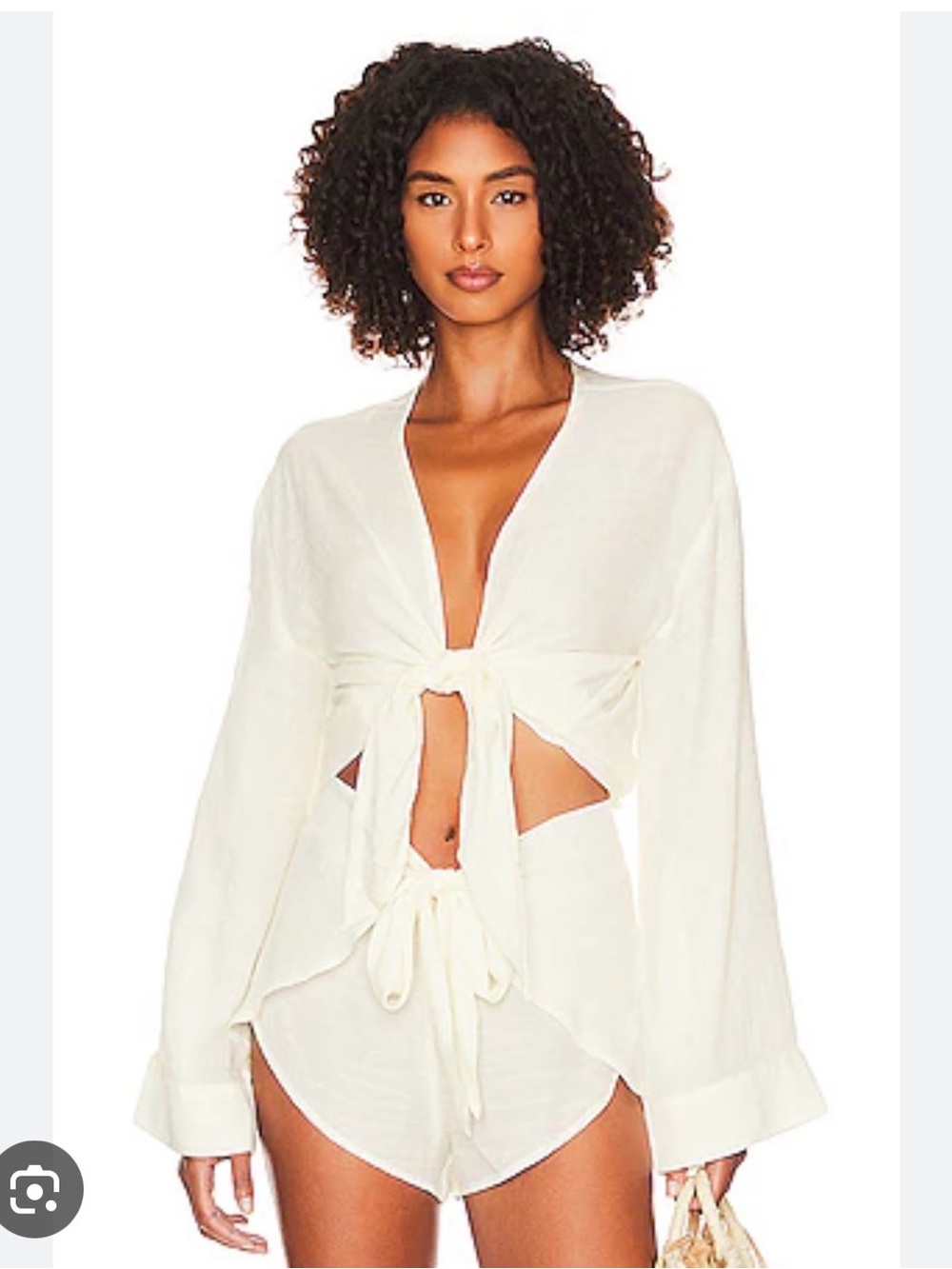 Monday Swimwear Tahiti Cream Tie-Front Long Sleeve Coverup Top